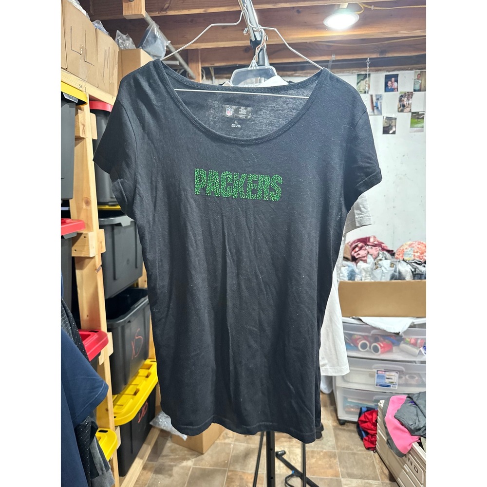 NFL Team Apparel Green Bay‎ Packers Black Rhinestone Graphic T-Shirt Womens L